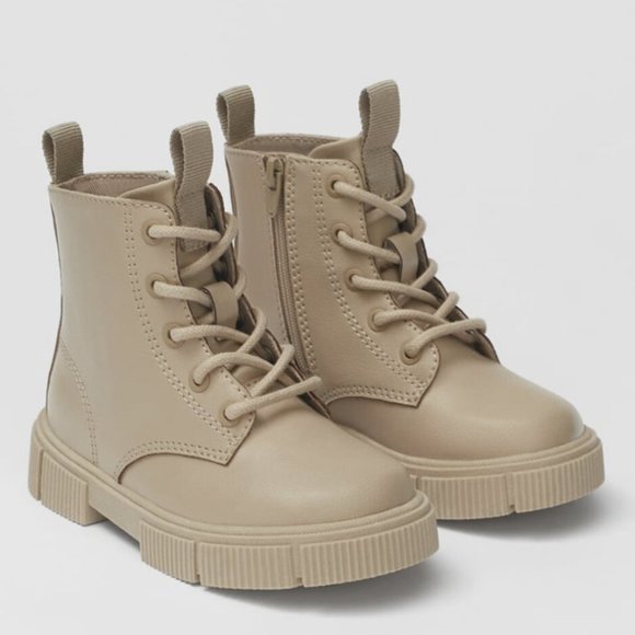 Zara Other - Zara Girls Kids Toddler Ankle Boots Side Zip Lace-Up Solid Tan Size 24 EUR